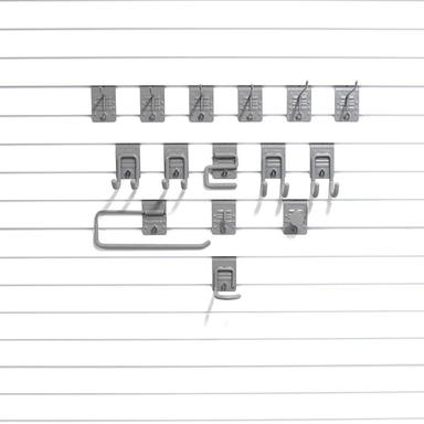 17-piece Basic Hook Bundle, showing foundational hooks (J-hooks, S-hooks) for beginning a slatwall organization system.