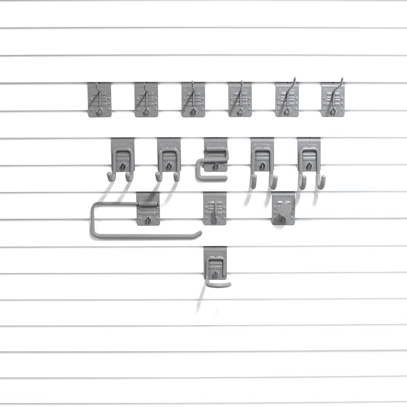 17-piece Basic Hook Bundle, showing foundational hooks (J-hooks, S-hooks) for beginning a slatwall organization system.