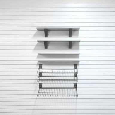 28lb Basic Shelf Bundle, illustrating two barnwood shelves, two plastic ledge shelves, and small wire baskets for foundational vertical organization.