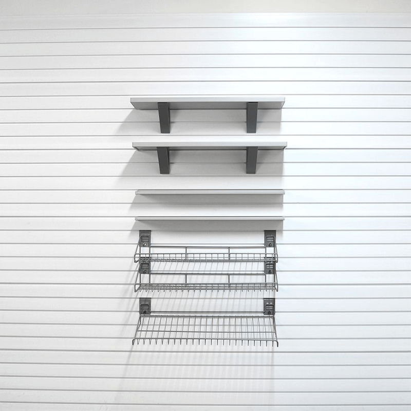 28lb Basic Shelf Bundle, illustrating two barnwood shelves, two plastic ledge shelves, and small wire baskets for foundational vertical organization.