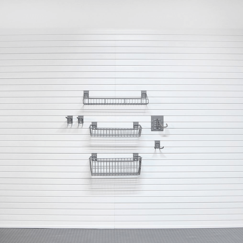 18lb Basic Sports Bundle setup showing minimal wire shelf, shallow basket, and essential hooks for foundational sports equipment organization.