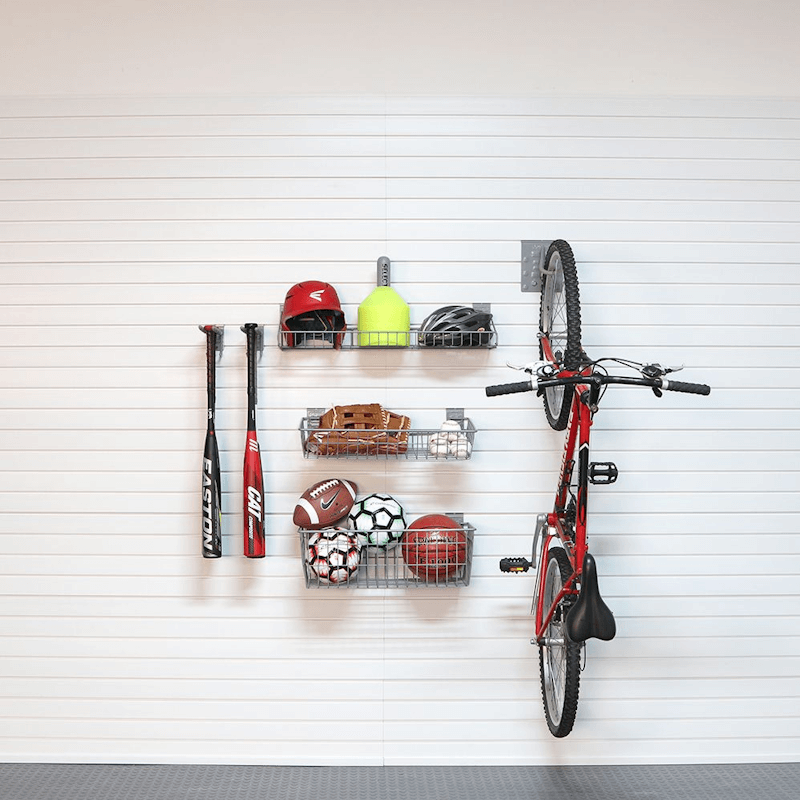 Simple sports organization area using the Basic Bundle, illustrating a vertical storage solution for a bike and helmet.