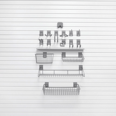 17-piece Basic Slatwall Accessory Bundle with foundational hooks, one wire shelf, and one shallow basket for initial wall storage setup.