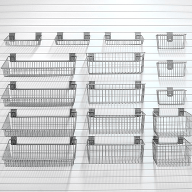 16-piece Deluxe Basket Bundle, showing a variety of deep, shallow, and angle wire baskets on a white slatwall.