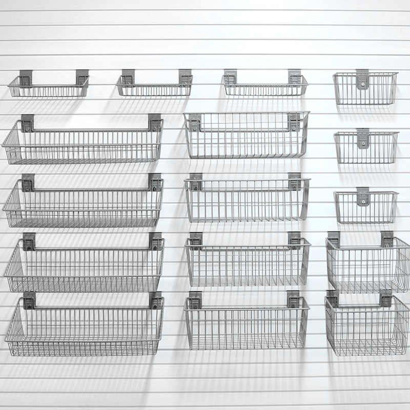 16-piece Deluxe Basket Bundle, showing a variety of deep, shallow, and angle wire baskets on a white slatwall.