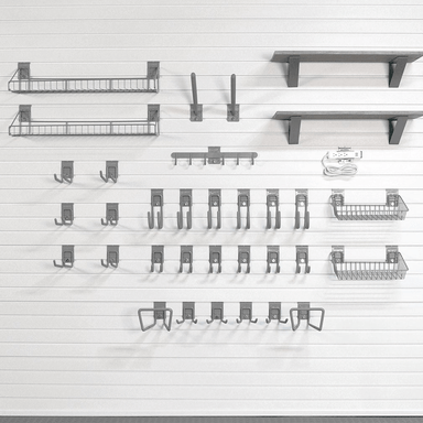 50lb Deluxe Fitness Bundle configuration showing multiple Barnwood shelves, heavy-duty hooks, and the integrated Power Strip Set for a complete home gym storage wall.
