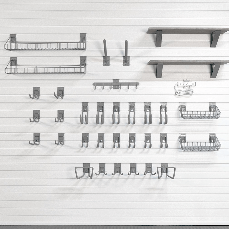 50lb Deluxe Fitness Bundle configuration showing multiple Barnwood shelves, heavy-duty hooks, and the integrated Power Strip Set for a complete home gym storage wall.