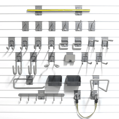 48-piece Deluxe Hook Bundle, showcasing specialized cradle hooks, tool racks, and utility accessories on a white slatwall.