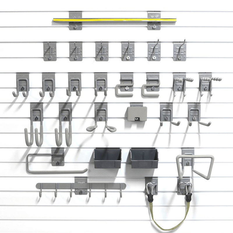 48-piece Deluxe Hook Bundle, showcasing specialized cradle hooks, tool racks, and utility accessories on a white slatwall.