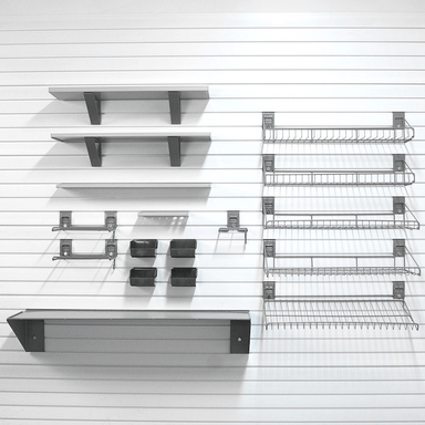 63lb Deluxe Shelf Bundle featuring multiple wood shelves, wire baskets, plastic ledges, and tool organizers installed on a white slatwall.