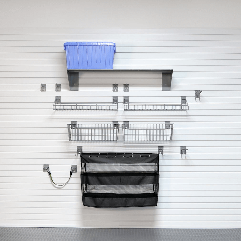 55lb Deluxe Sports Bundle showing the complete arrangement of wire baskets, shelving, and utility hooks for comprehensive sports gear storage.