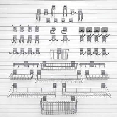 48-piece Deluxe Slatwall Starter Kit with three large shelves, multiple hooks, and baskets installed on a white slatwall.