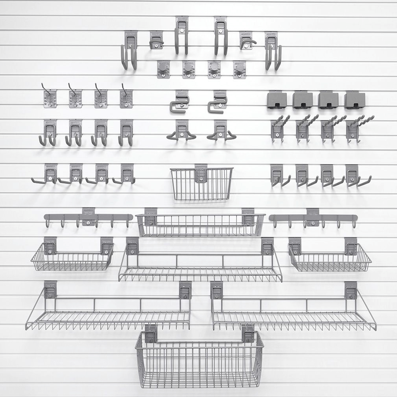 48-piece Deluxe Slatwall Starter Kit with three large shelves, multiple hooks, and baskets installed on a white slatwall.