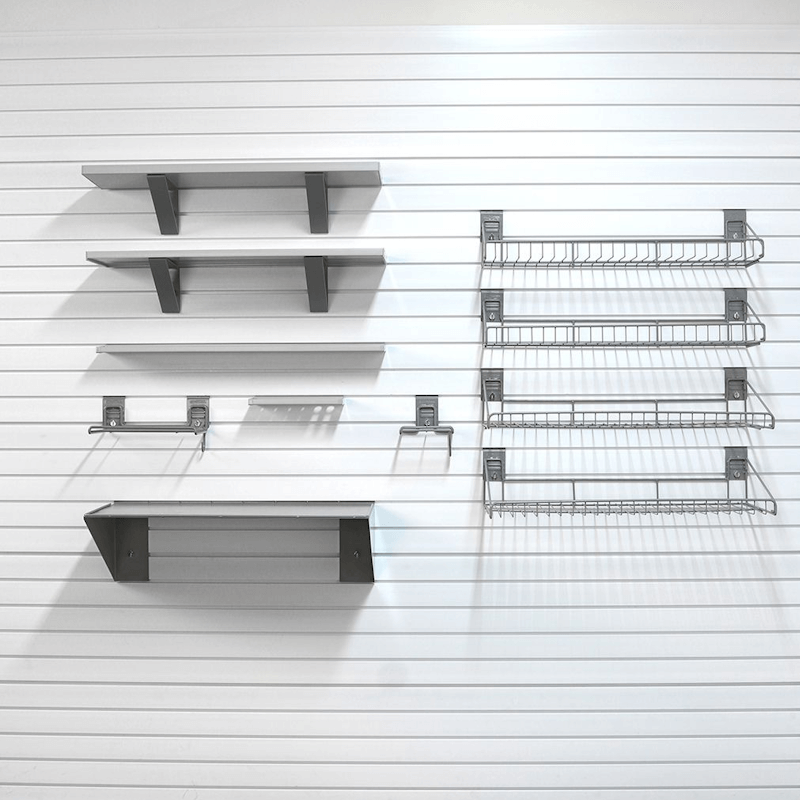 49lb Premium Shelf Bundle, showing three barnwood shelves, two large wire shelves, and heavy-duty brackets on slatwall.