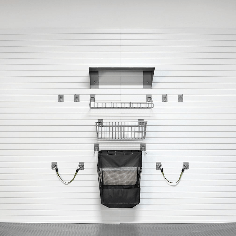 45lb Premium Sports Bundle configuration, illustrating the combination of large wire shelves, deep baskets, and metal shelving for varied equipment.