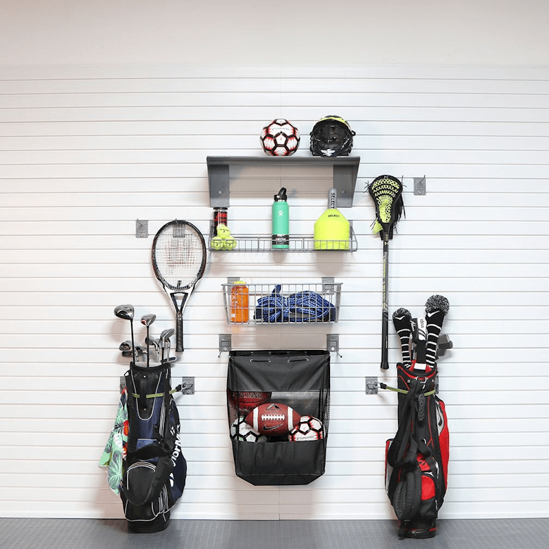 Organized sports gear display using the Premium Bundle, showcasing basketballs, rackets, and pads stored in the deep baskets.