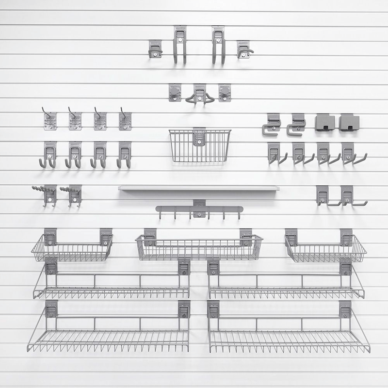 37-piece Premium Slatwall Accessory Bundle featuring two wire shelves, a PVC shelf, and a mix of heavy-duty organizational hooks.