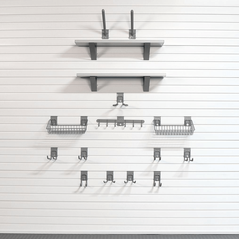 24lb Select Fitness Bundle arrangement using Barnwood shelves and specialized hooks to organize medicine balls and hand weights.