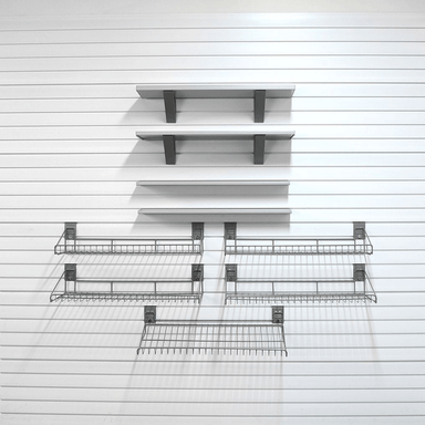 37lb Select Shelf Bundle with wire shelves, barnwood shelves, and one angle wire shelf for specialized storage.