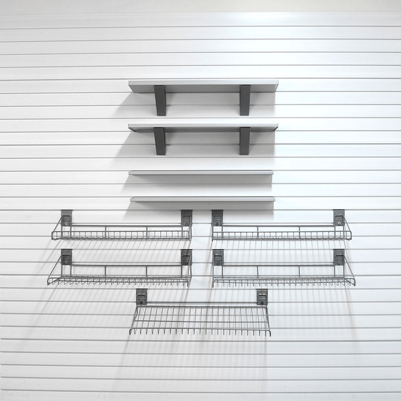 37lb Select Shelf Bundle with wire shelves, barnwood shelves, and one angle wire shelf for specialized storage.