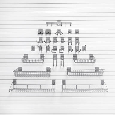 28-piece Select Slatwall Starter Kit, showing various essential universal hooks, tool holders, and shallow baskets for focused garage organization.